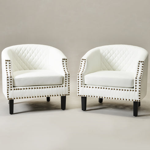 Louis Faux Leather Tufted Club Chair - White Accent Chair | Decorative Accent Chairs | Kinwell Furniture | Modern Club Chairs | Barrel Club Chair | Nailhead Trim Chair | Contemporary Faux Leather Chair | Elegant White Chair